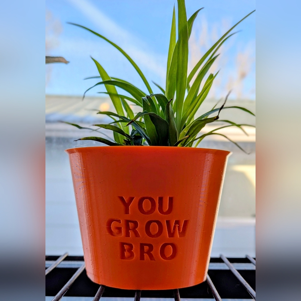 3D Printed Orange Planter Pot with "YOU GROW BRO"